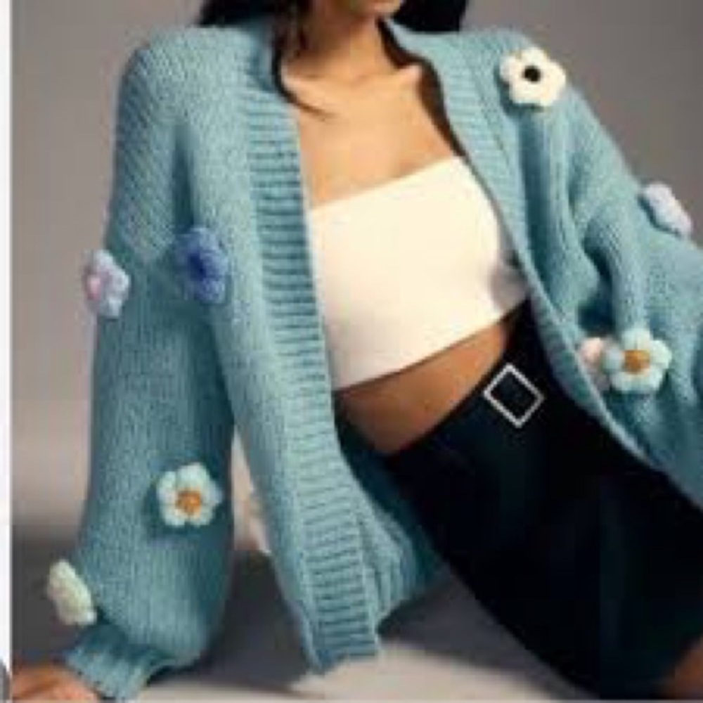 Maeve Floral Knit Susannah 3-D‎ Flower Cardigan Sweater - Blue One Size EUC